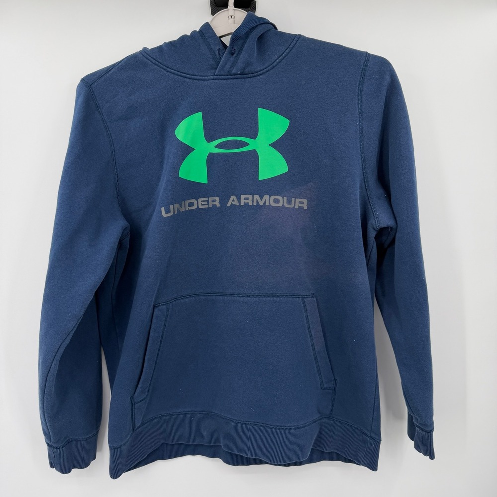 Vintage Under Armour Mens Large Navy Blue Neon Green Logo Fleece Pullover Hoodie